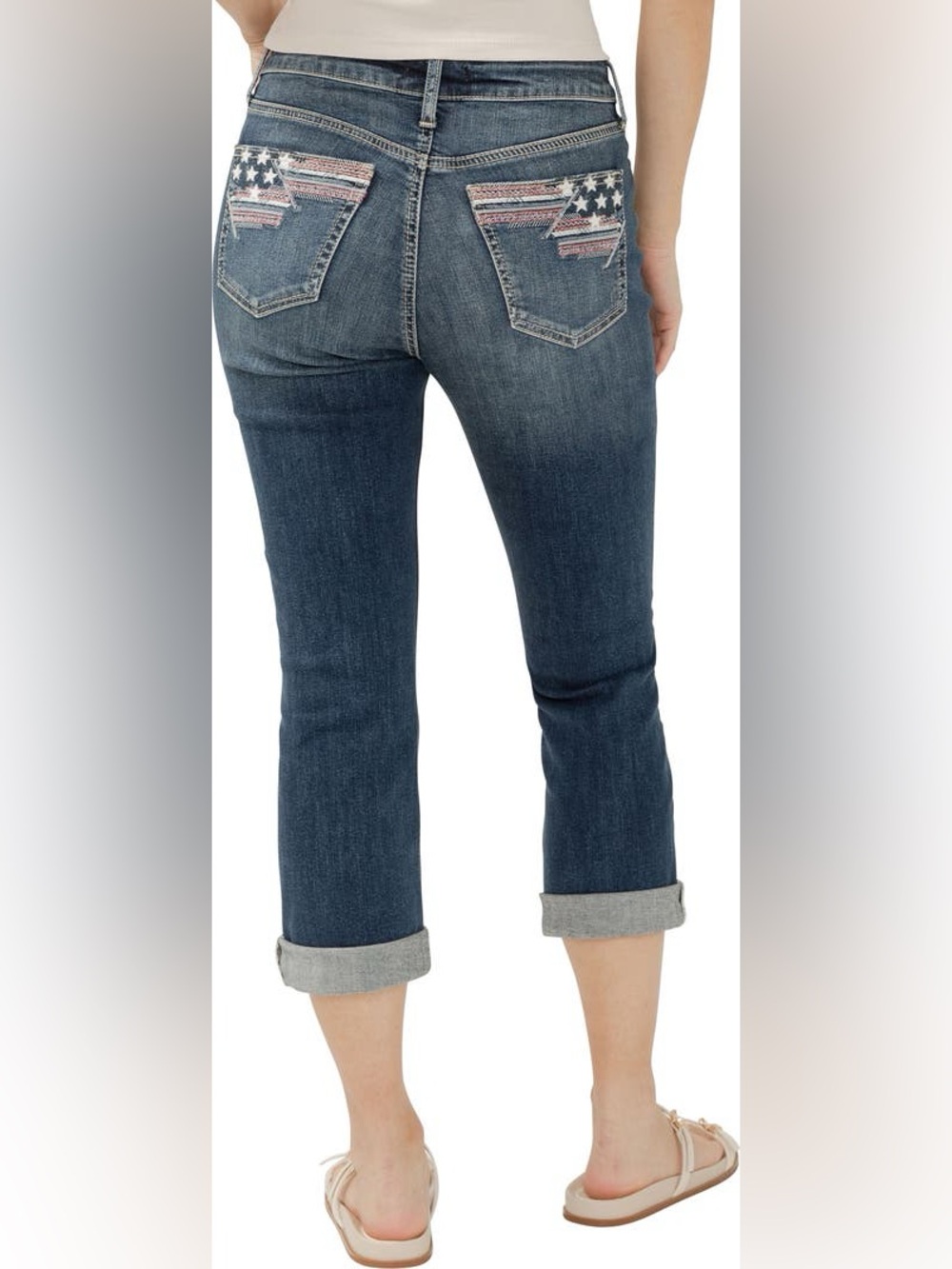 Silver Jeans Suki Capri Jeans American Flag Embroidery Pocket Stretch Western 27